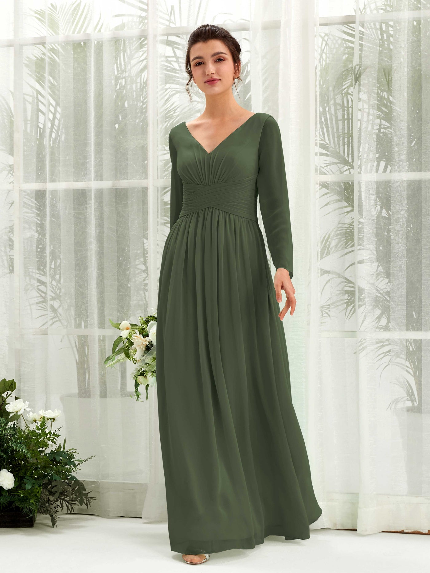 Ball Gown V-neck Long Sleeves Chiffon Bridesmaid Dress - Martini Olive (81220307)#color_martini-olive