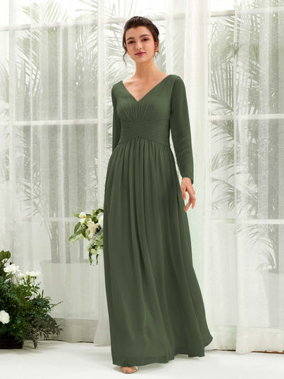 Carlyna Coline A-Line Martini Olive Bridesmaid Dress Maxi Long Sleeve V-Neck Front View #color_martini-olive