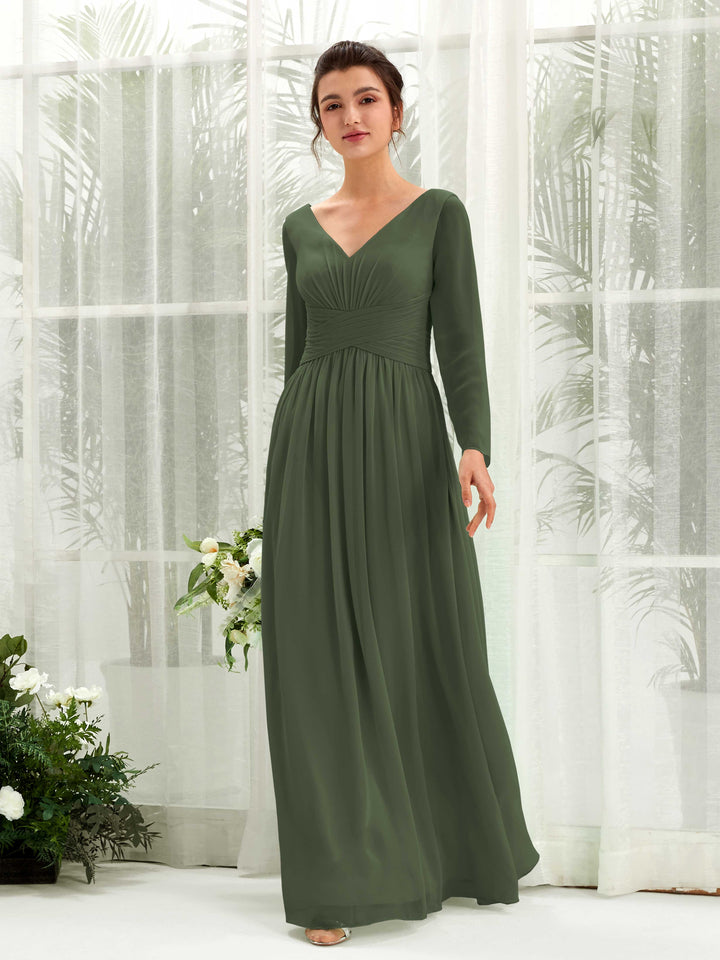 Ball Gown V-neck Long Sleeves Chiffon Bridesmaid Dress - Martini Olive (81220307)