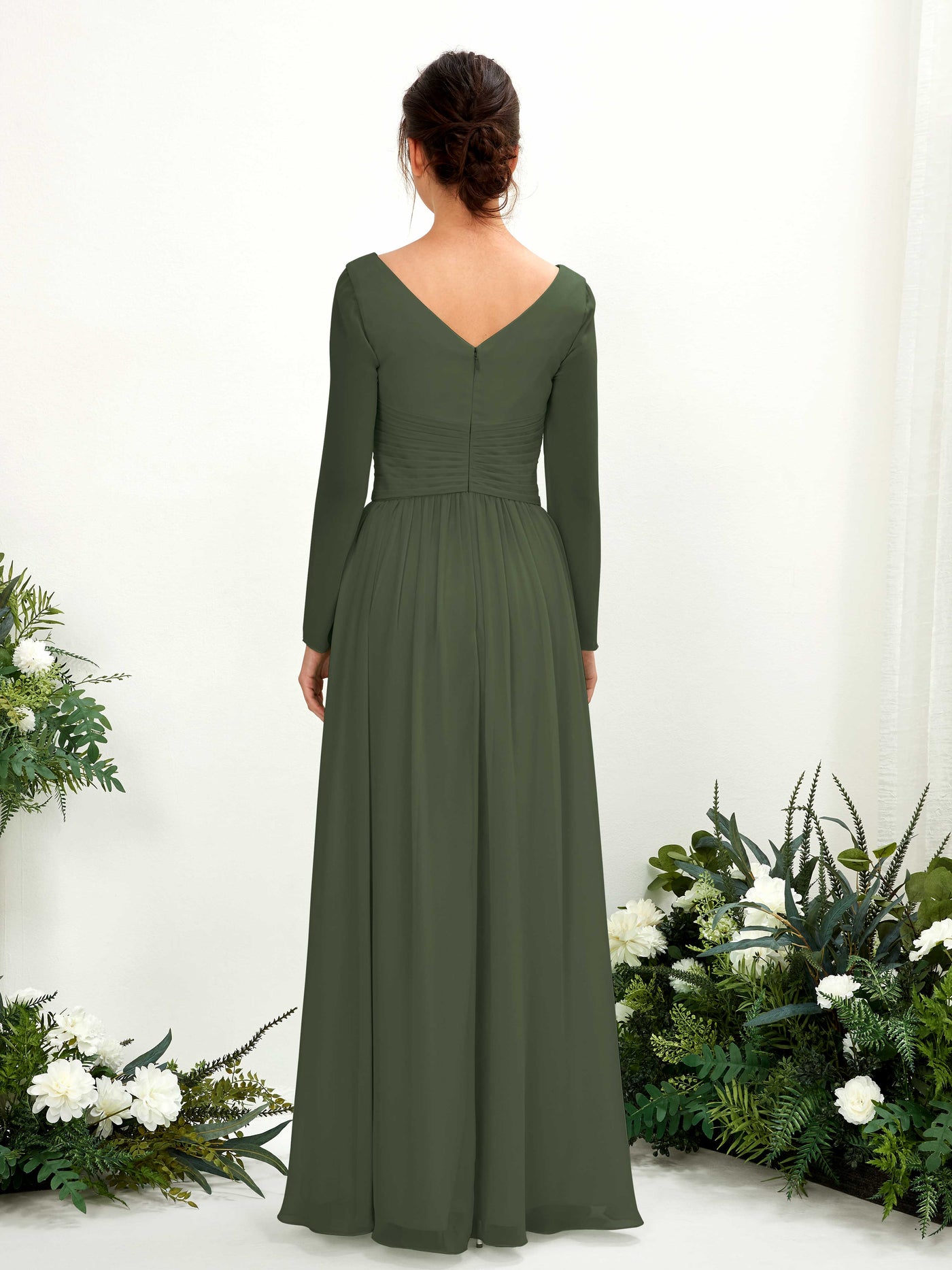 Ball Gown V-neck Long Sleeves Chiffon Bridesmaid Dress - Martini Olive (81220307)#color_martini-olive