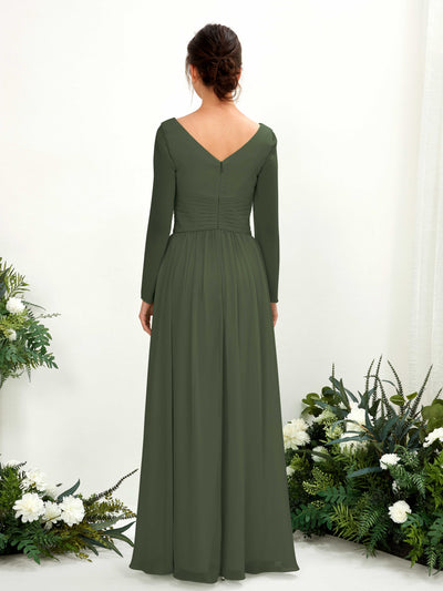 Carlyna Coline A-Line Martini Olive Bridesmaid Dress Maxi Long Sleeve V-Neck Back View #color_martini-olive