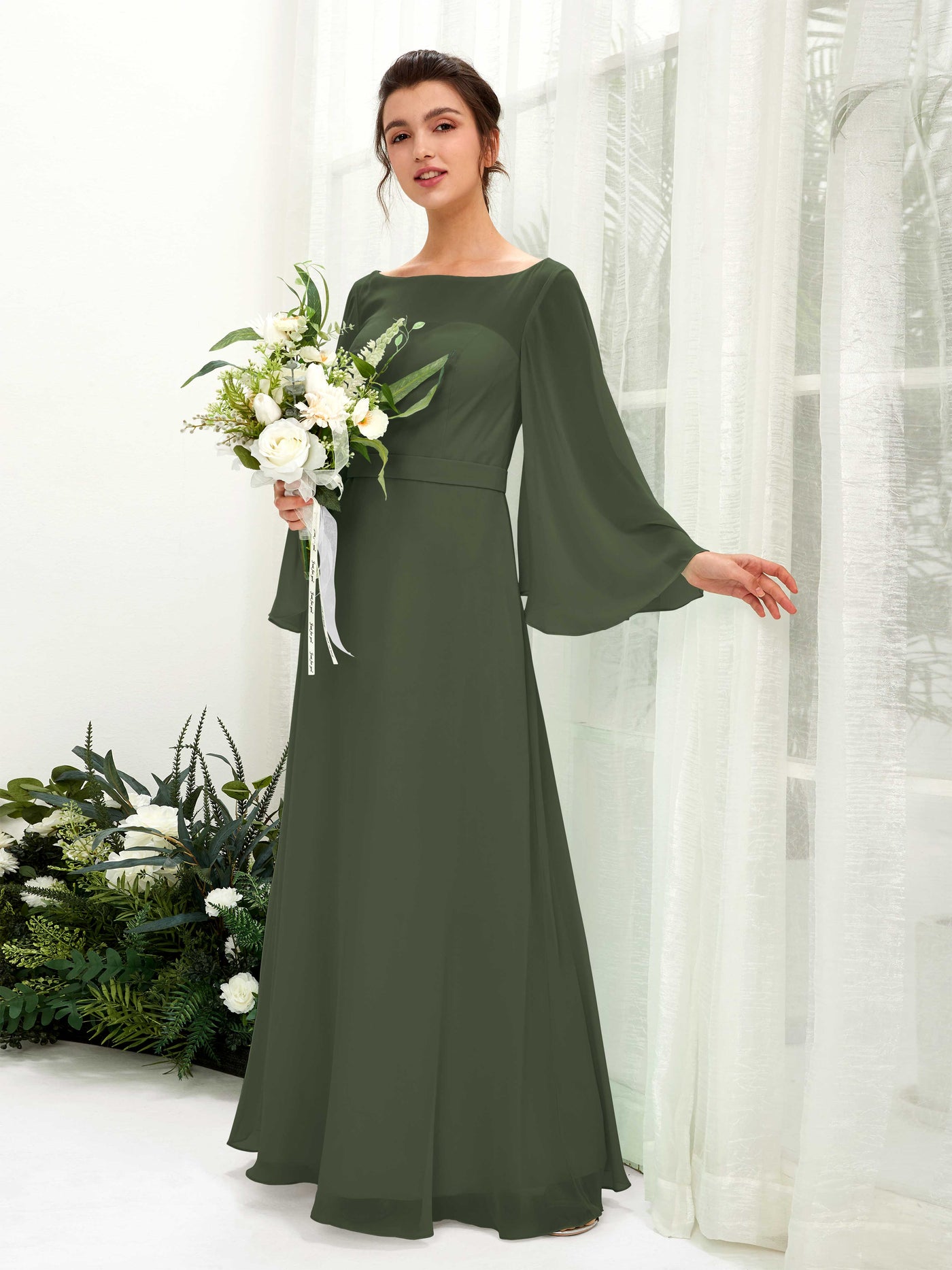 Bateau Illusion Long Sleeves Chiffon Bridesmaid Dress - Martini Olive (81220507)#color_martini-olive
