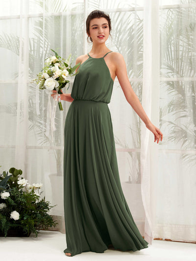 Carlyna Alva A-Line Martini Olive Bridesmaid Dress Maxi Sleeveless Halter Dress Front View #color_martini-olive
