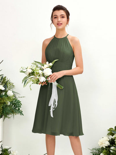 Carlyna Cathie A-Line Martini Olive Bridesmaid Dress Knee-Length Sleeveless Round Neck Dress Front View #color_martini-olive
