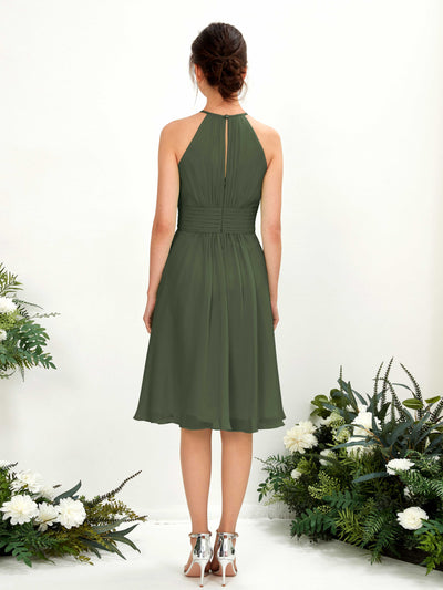 Carlyna Cathie A-Line Martini Olive Bridesmaid Dress Knee-Length Sleeveless Round Neck Dress Back View #color_martini-olive