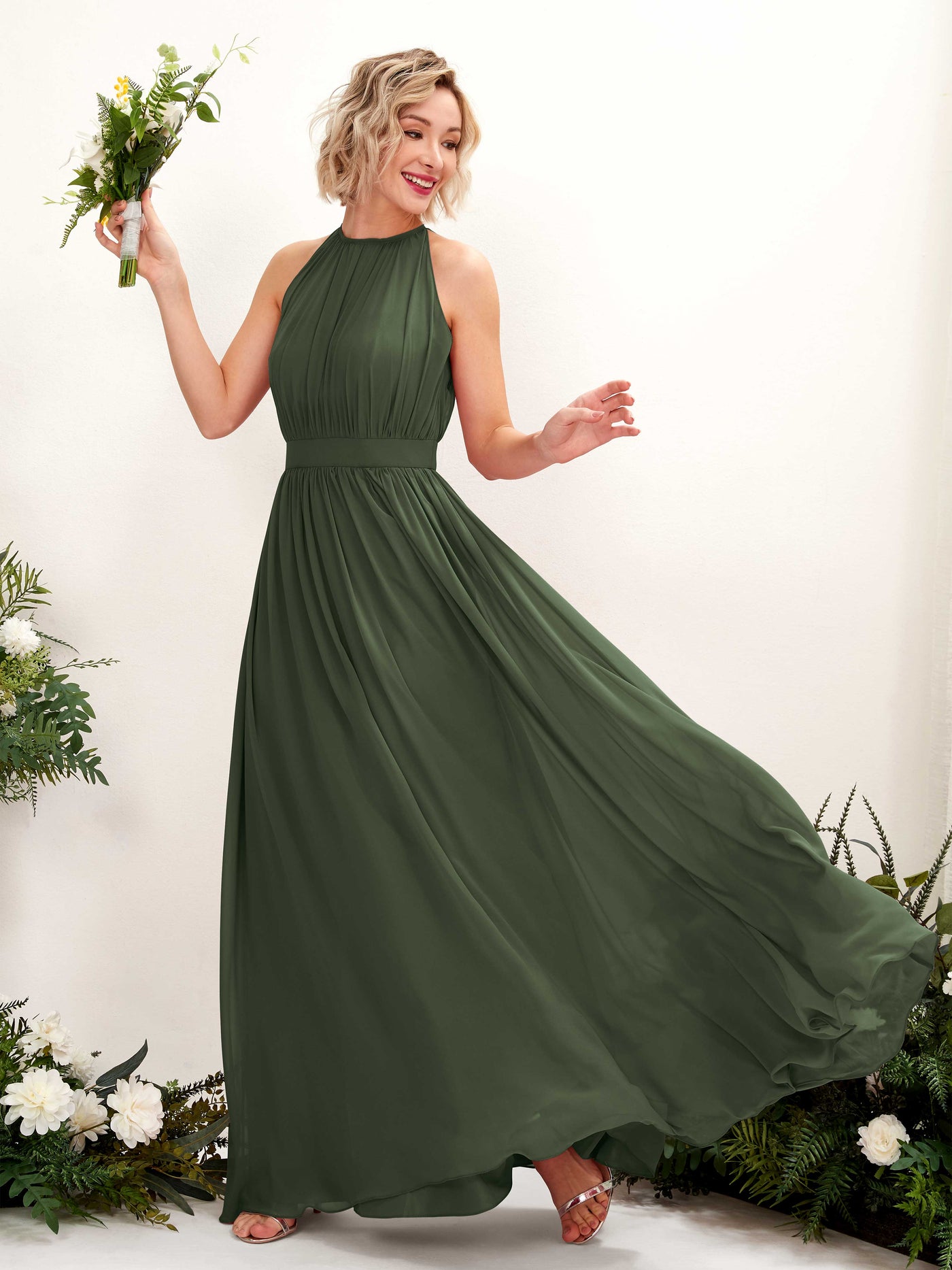 Halter Sleeveless Chiffon Bridesmaid Dress - Martini Olive (81223107)#color_martini-olive