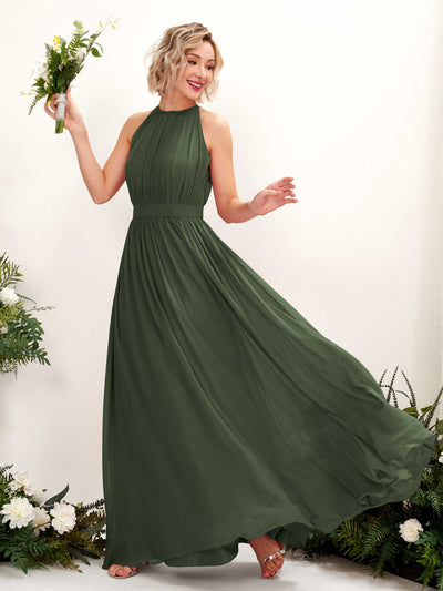 Carlyna Eden A-Line Martini Olive Bridesmaid Dress Maxi Sleeveless Round Neck Dress Front View #color_martini-olive