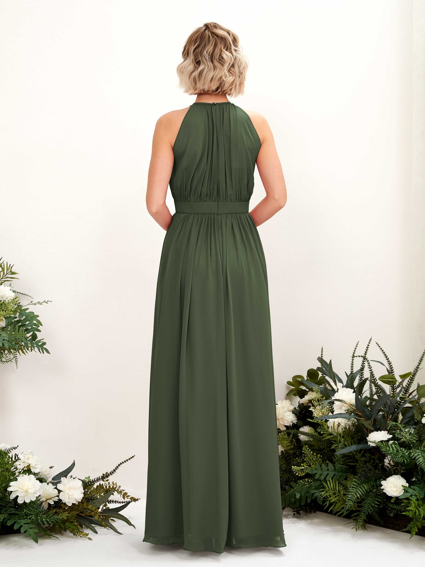 Halter Sleeveless Chiffon Bridesmaid Dress - Martini Olive (81223107)#color_martini-olive