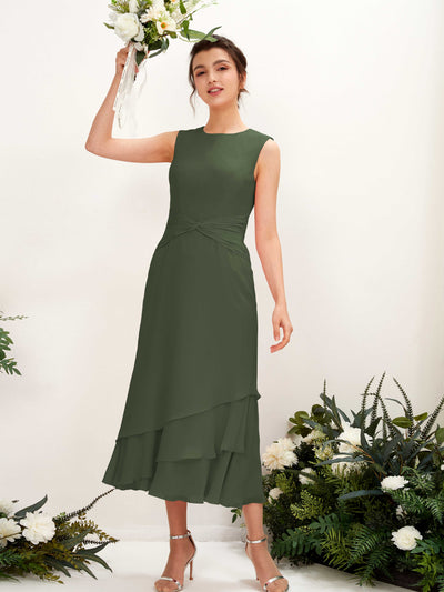 Carlyna Raina Mermaid Martini Olive Bridesmaid Dress Midi Sleeveless Round Neck Dress #color_martini-olive