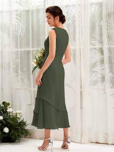 Carlyna Raina Mermaid Martini Olive Bridesmaid Dress Midi Sleeveless Round Neck Dress #color_martini-olive