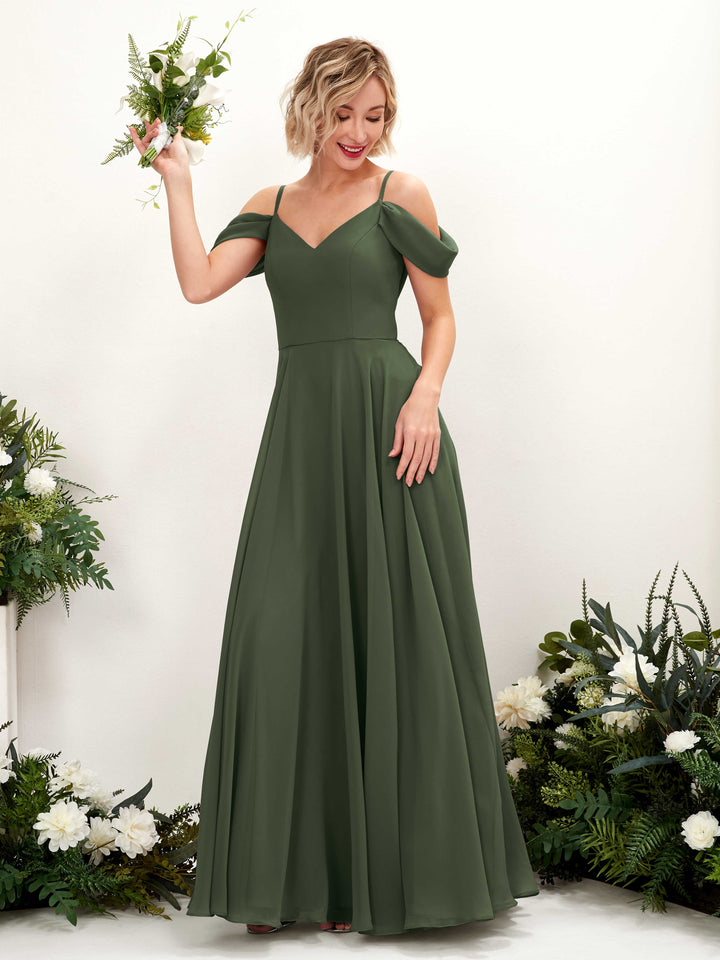 Off Shoulder Straps V-neck Sleeveless Chiffon Bridesmaid Dress - Martini Olive (81224907)