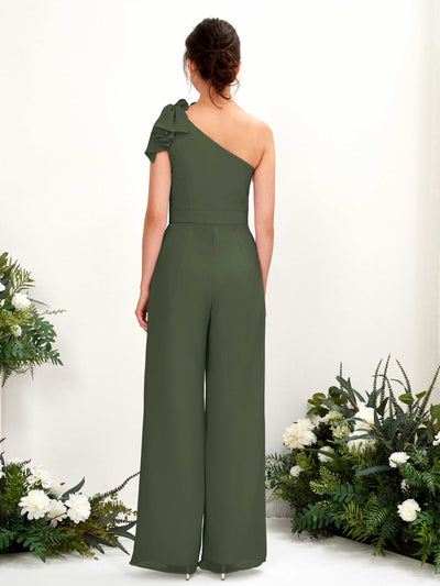 Carlyna Jasmine Jumpsuit Martini Olive Bridesmaid Dress Maxi Sleeveless One Shoulder Dress Back View #color_martini-olive