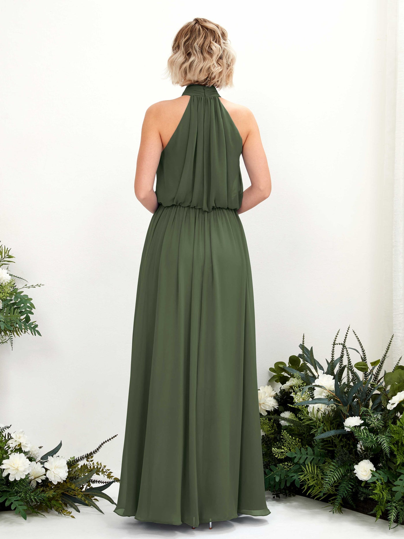 Halter Sleeveless Chiffon Bridesmaid Dress - Martini Olive (81222907)#color_martini-olive