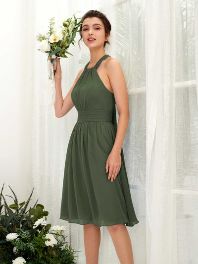 Carlyna Yvonne A-Line Martini Olive Bridesmaid Dress Knee-Length Sleeveless Round Neck Dress #color_martini-olive