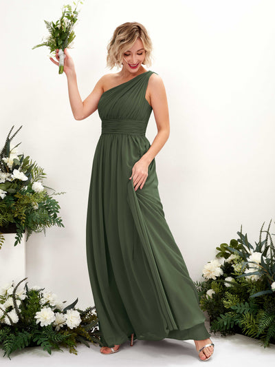 Carlyna Flaze A-Line Martini Olive Bridesmaid Dress Maxi Sleeveless One Shoulder Dress Front View #color_martini-olive