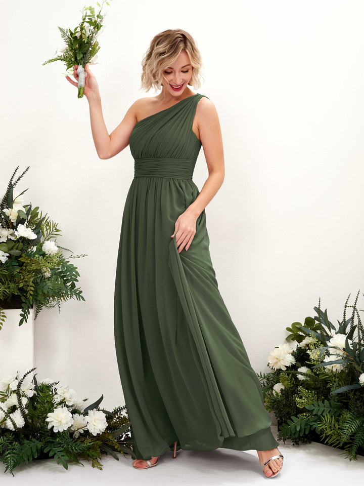 One Shoulder Sleeveless Chiffon Bridesmaid Dress - Martini Olive (81225007)