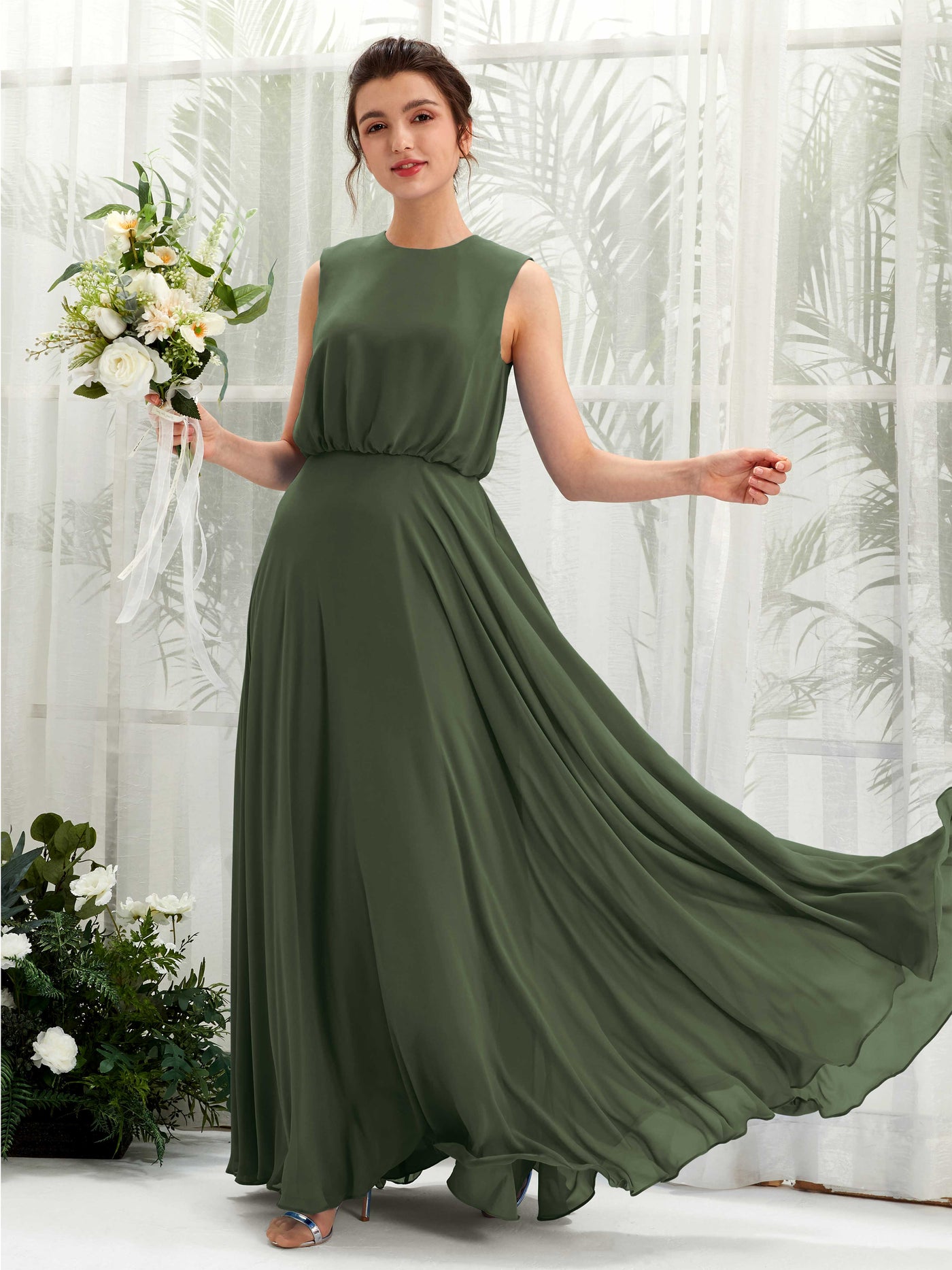 Round Sleeveless Chiffon Bridesmaid Dress - Martini Olive (81222807)#color_martini-olive