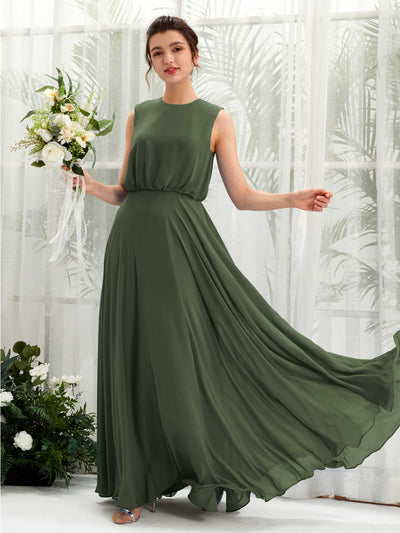 Carlyna Alma A-Line Martini Olive Bridesmaid Dress Maxi Sleeveless Round Neck Dress Front View #color_martini-olive