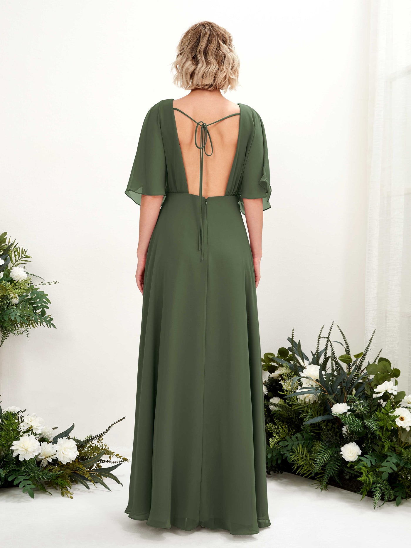 V-neck 1/2 Sleeves Chiffon Bridesmaid Dress - Martini Olive (81225107)#color_martini-olive