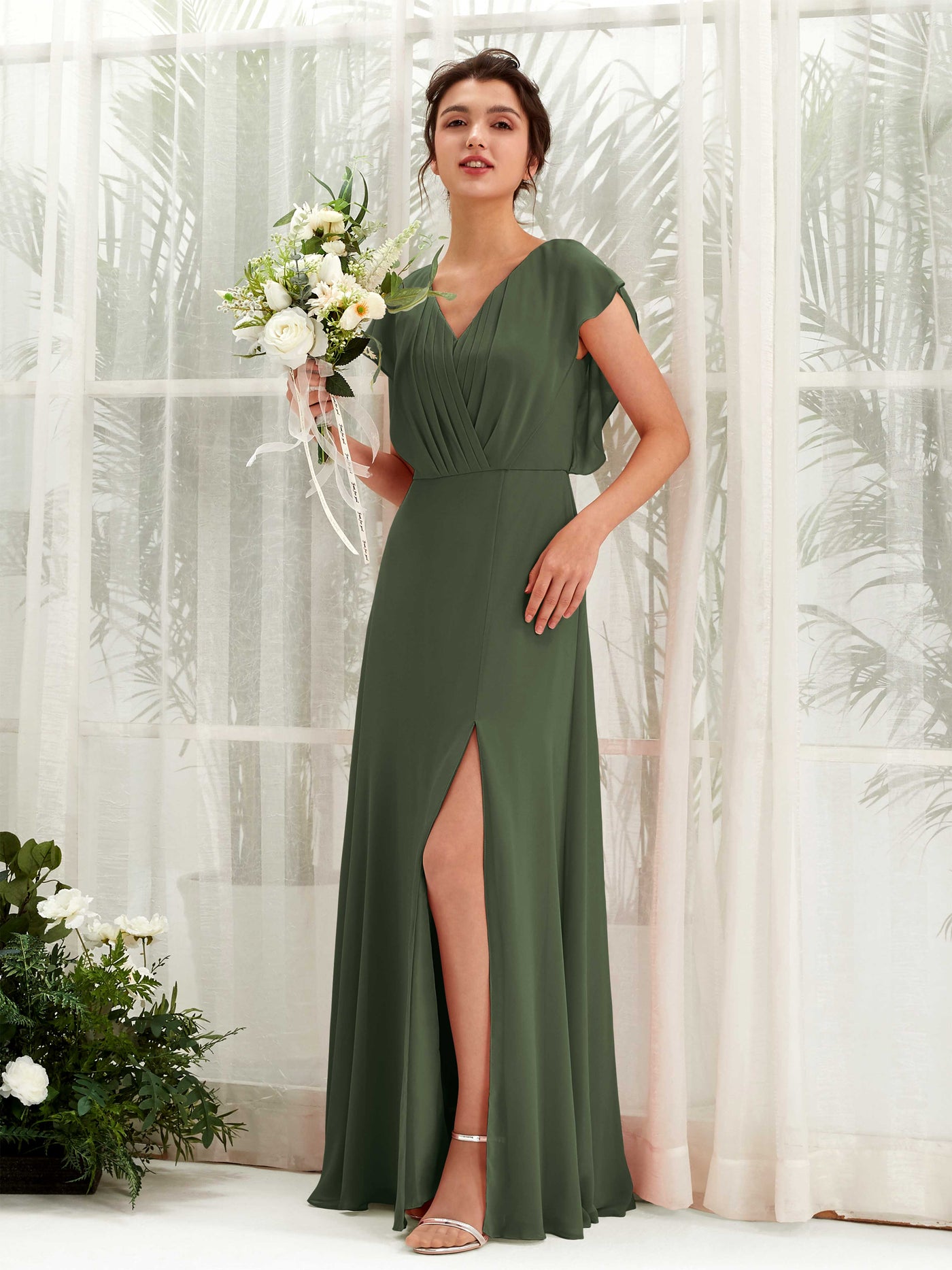 V-neck Cap Sleeves Bridesmaid Dress - Martini Olive (81225607)#color_martini-olive
