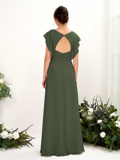Carlyna Annie A-Line Martini Olive Bridesmaid Dress Maxi Cap Sleeve V-Neck Dress Back View #color_martini-olive