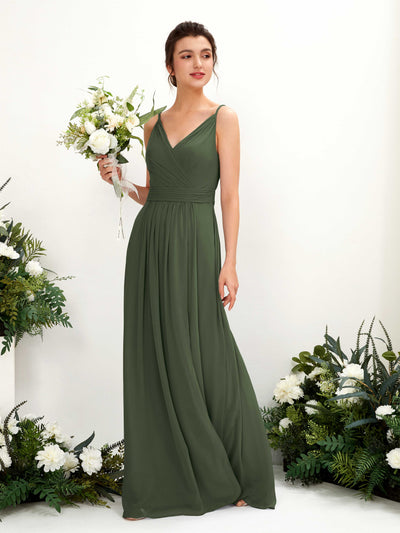 Carlyna Dira A-Line Martini Olive Bridesmaid Dress Maxi Sleeveless V-Neck Dress Front View #color_martini-olive