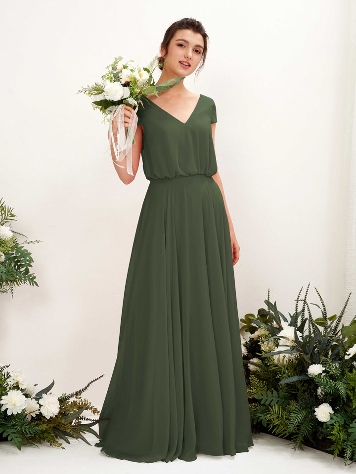 V-neck Cap Sleeves Chiffon Bridesmaid Dress - Martini Olive (81221807)