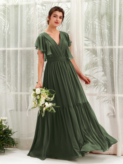 Carlyna Chaya A-Line Martini Olive Bridesmaid Dress Maxi Cap Sleeve V-Neck Dress Front View #color_martini-olive