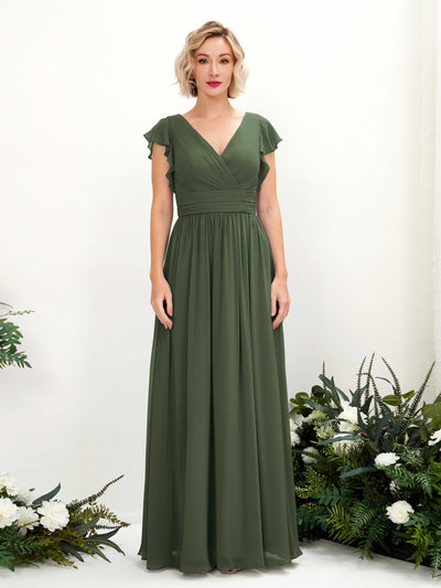 Carlyna Grino A-Line Martini Olive Bridesmaid Dress Maxi Cap Sleeve V-Neck Dress Front View #color_martini-olive