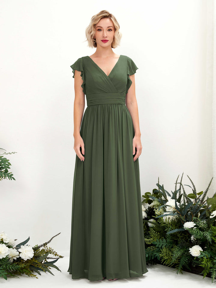 V-neck Short Sleeves Chiffon Bridesmaid Dress - Martini Olive (81222707)