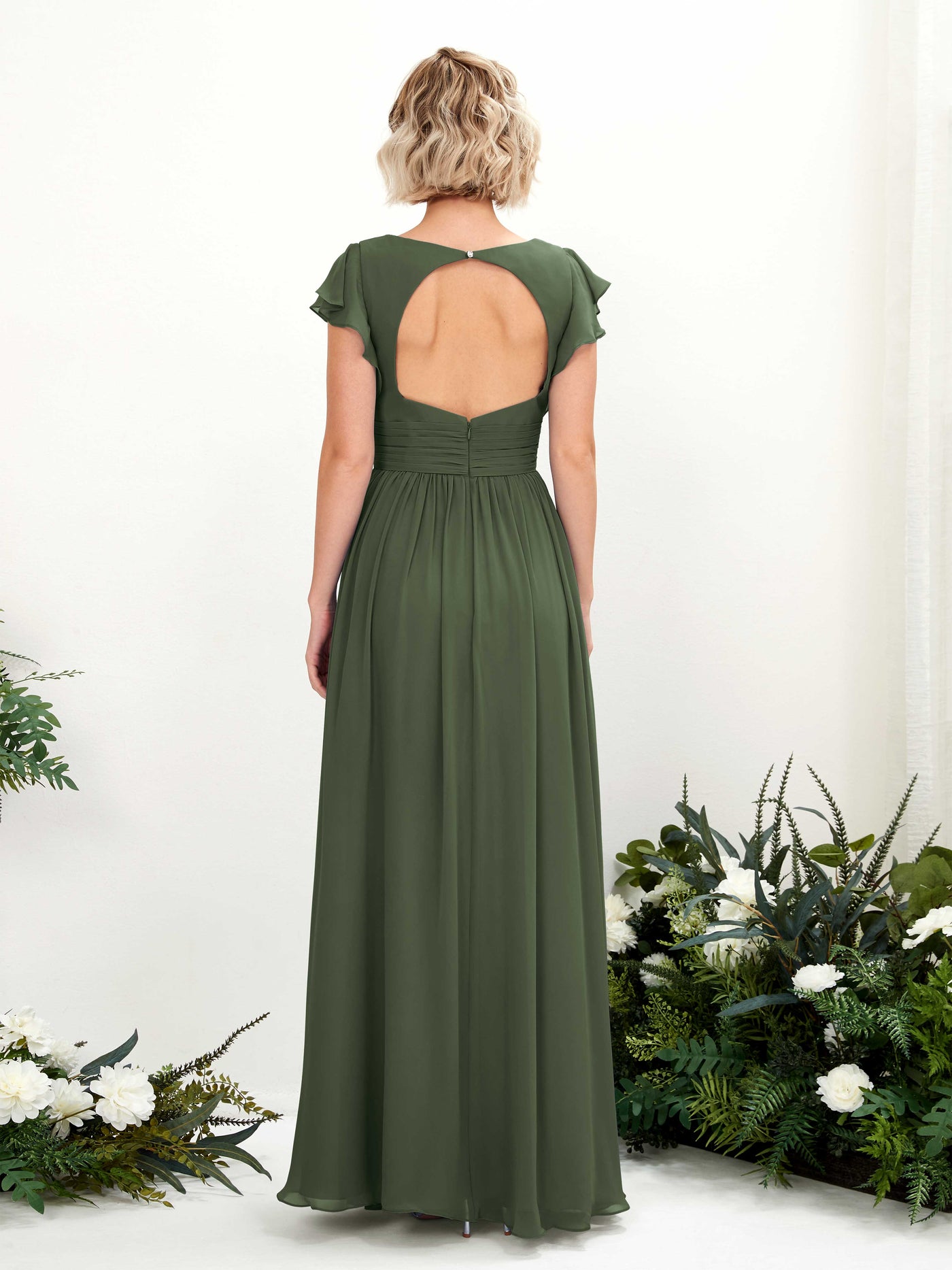 V-neck Short Sleeves Chiffon Bridesmaid Dress - Martini Olive (81222707)#color_martini-olive