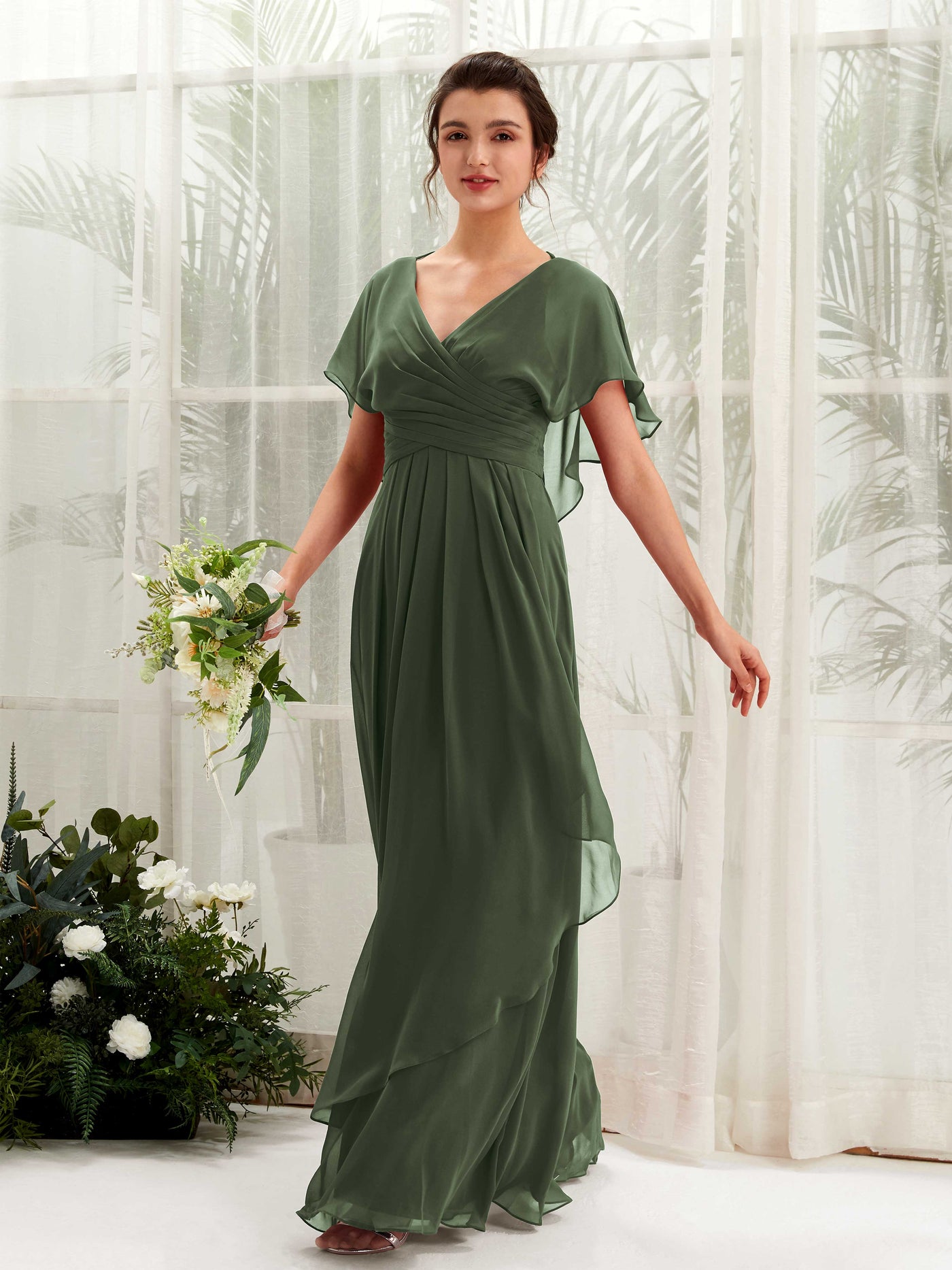 V-neck Short Sleeves Chiffon Bridesmaid Dress - Martini Olive (81226107)#color_martini-olive
