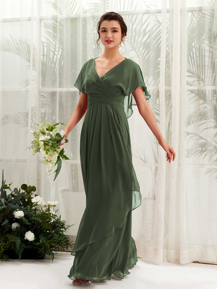 V-neck Short Sleeves Chiffon Bridesmaid Dress - Martini Olive (81226107)