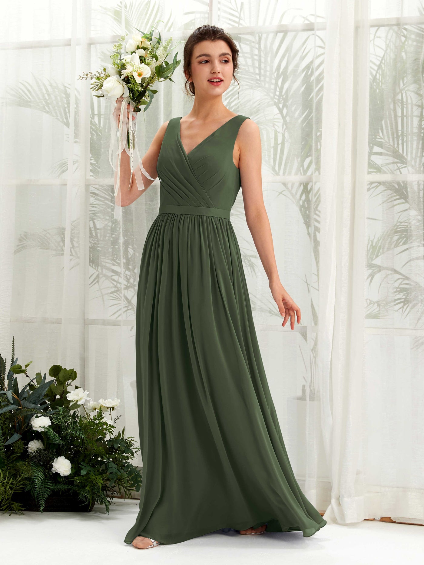 V-neck Sleeveless Chiffon Bridesmaid Dress - Martini Olive (81223607)#color_martini-olive