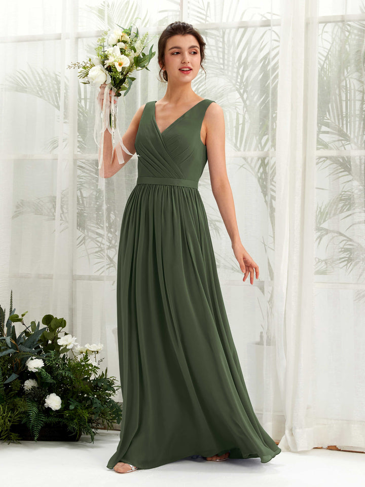 V-neck Sleeveless Chiffon Bridesmaid Dress - Martini Olive (81223607)