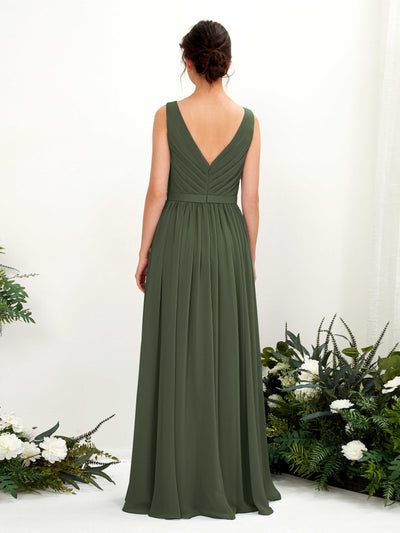 Carlyna Barbara A-Line Martini Olive Bridesmaid Dress Maxi Sleeveless V-Neck Dress Back View #color_martini-olive