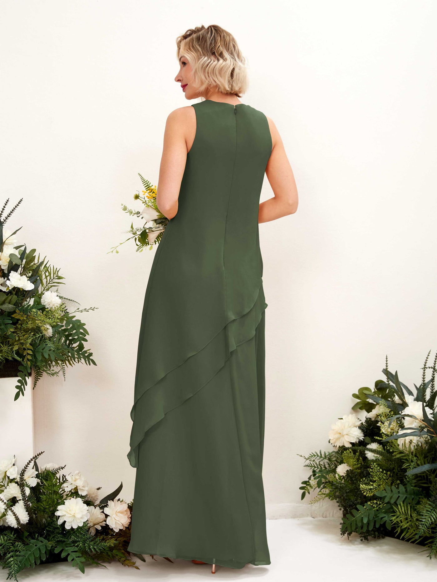 Round Sleeveless Chiffon Bridesmaid Dress - Martini Olive (81222307)#color_martini-olive