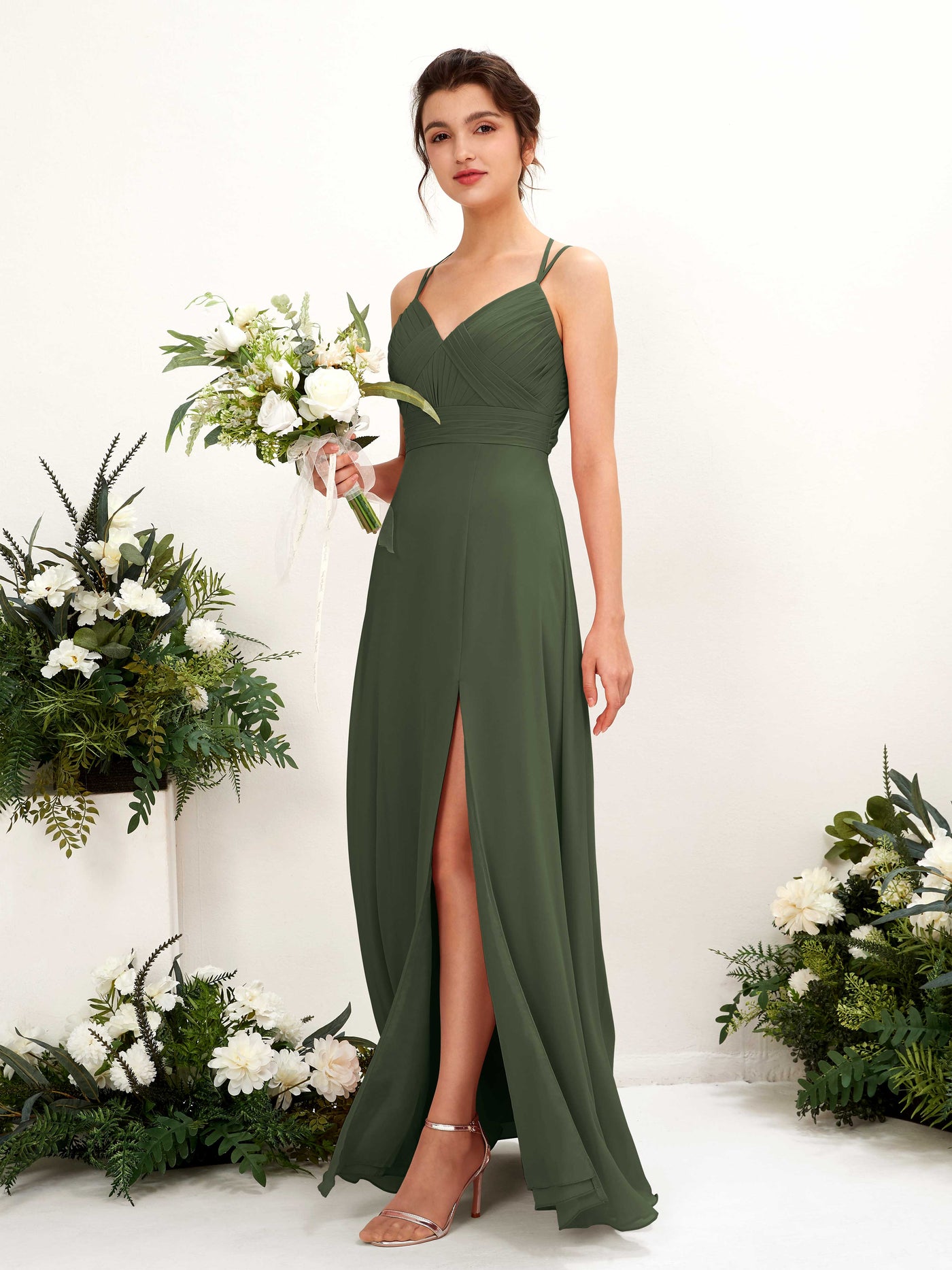 Straps V-neck Sleeveless Chiffon Bridesmaid Dress - Martini Olive (81225407)#color_martini-olive