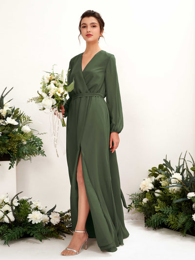 Carlyna Elsie A-Line Martini Olive Bridesmaid Dress Maxi Long Sleeve V-Neck Front View #color_martini-olive