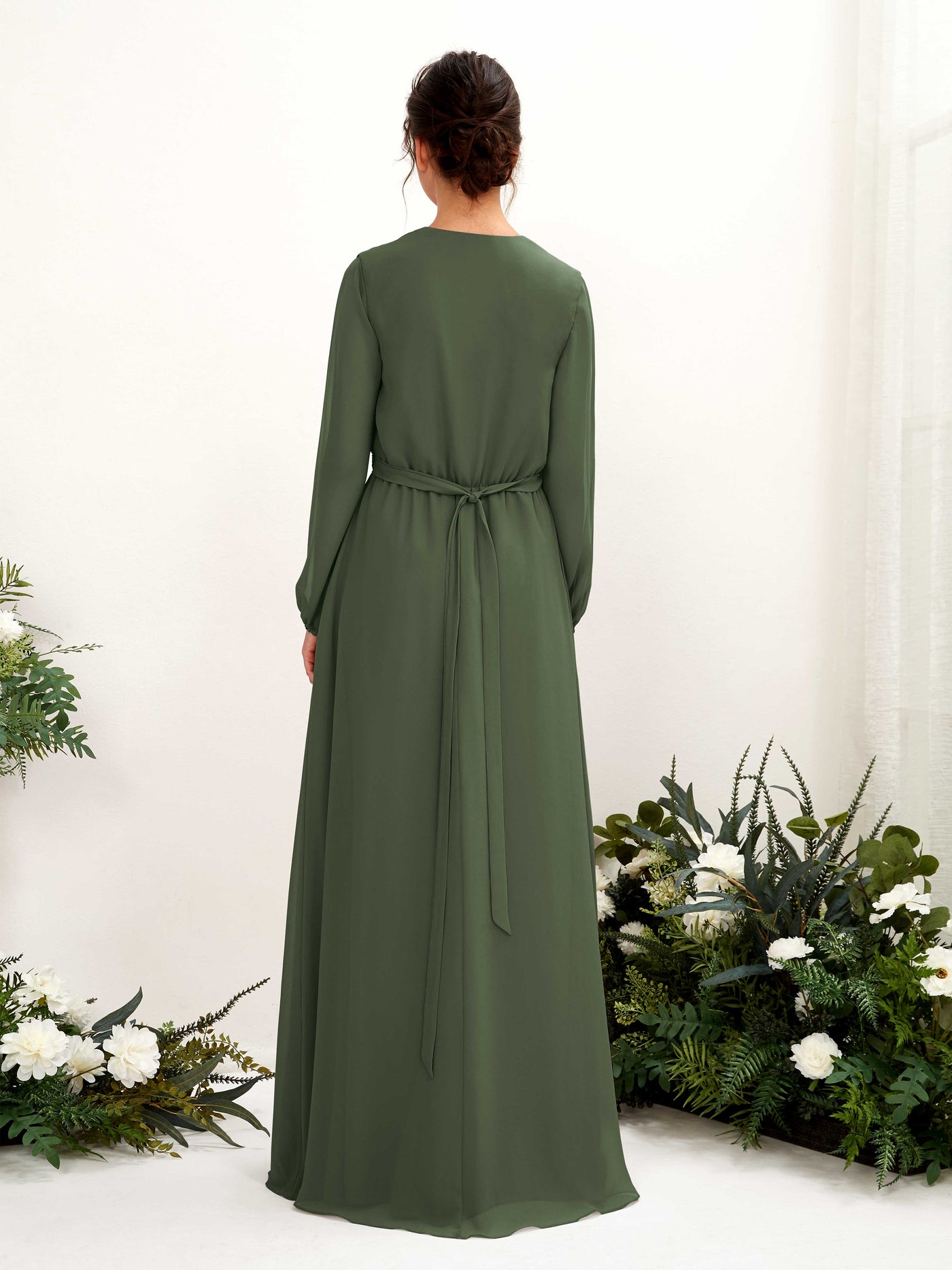 V-neck Long Sleeves Chiffon Bridesmaid Dress - Martini Olive (81223207)#color_martini-olive