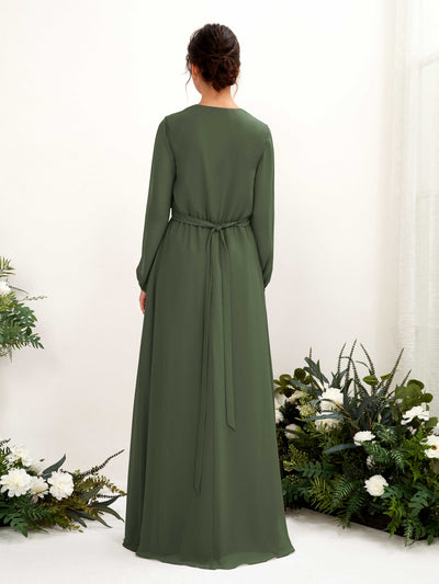 Carlyna Elsie A-Line Martini Olive Bridesmaid Dress Maxi Long Sleeve V-Neck Back View #color_martini-olive