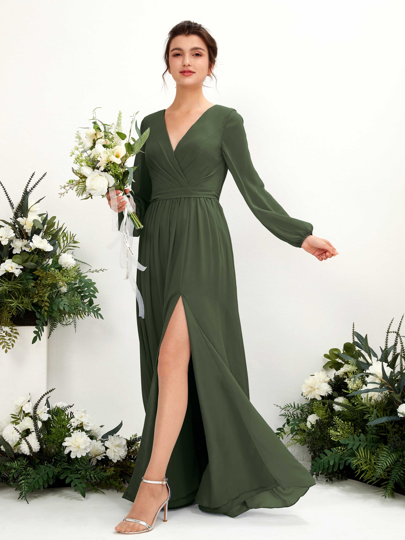 V-neck Long Sleeves Chiffon Bridesmaid Dress - Martini Olive (81223807)#color_martini-olive