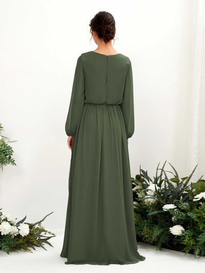 Carlyna Ginny A-Line Martini Olive Bridesmaid Dress Maxi Long Sleeve V-Neck Back View #color_martini-olive