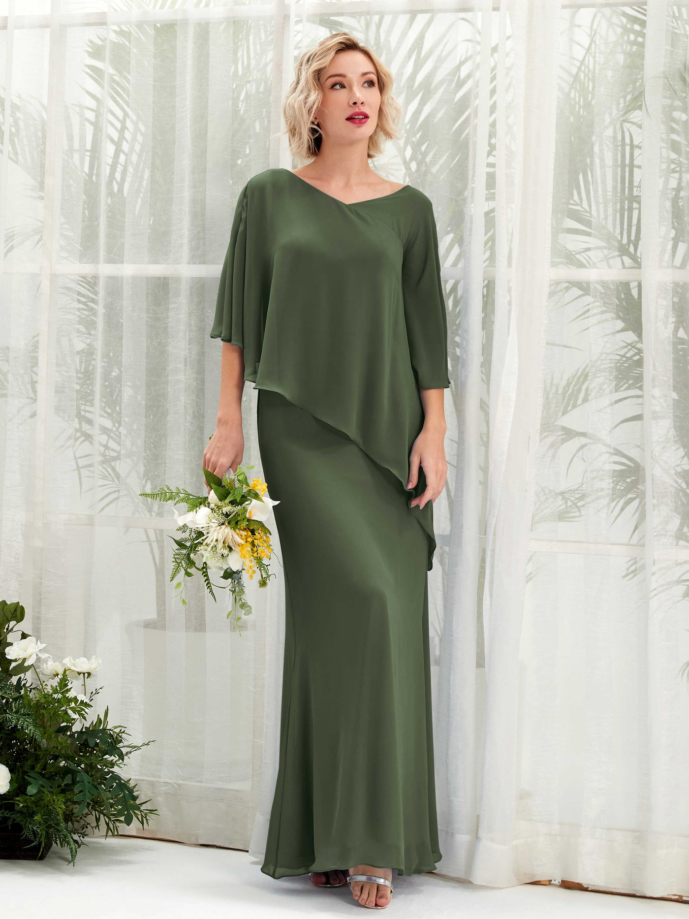 V-neck 3/4 Sleeves Chiffon Bridesmaid Dress - Martini Olive (81222507)#color_martini-olive