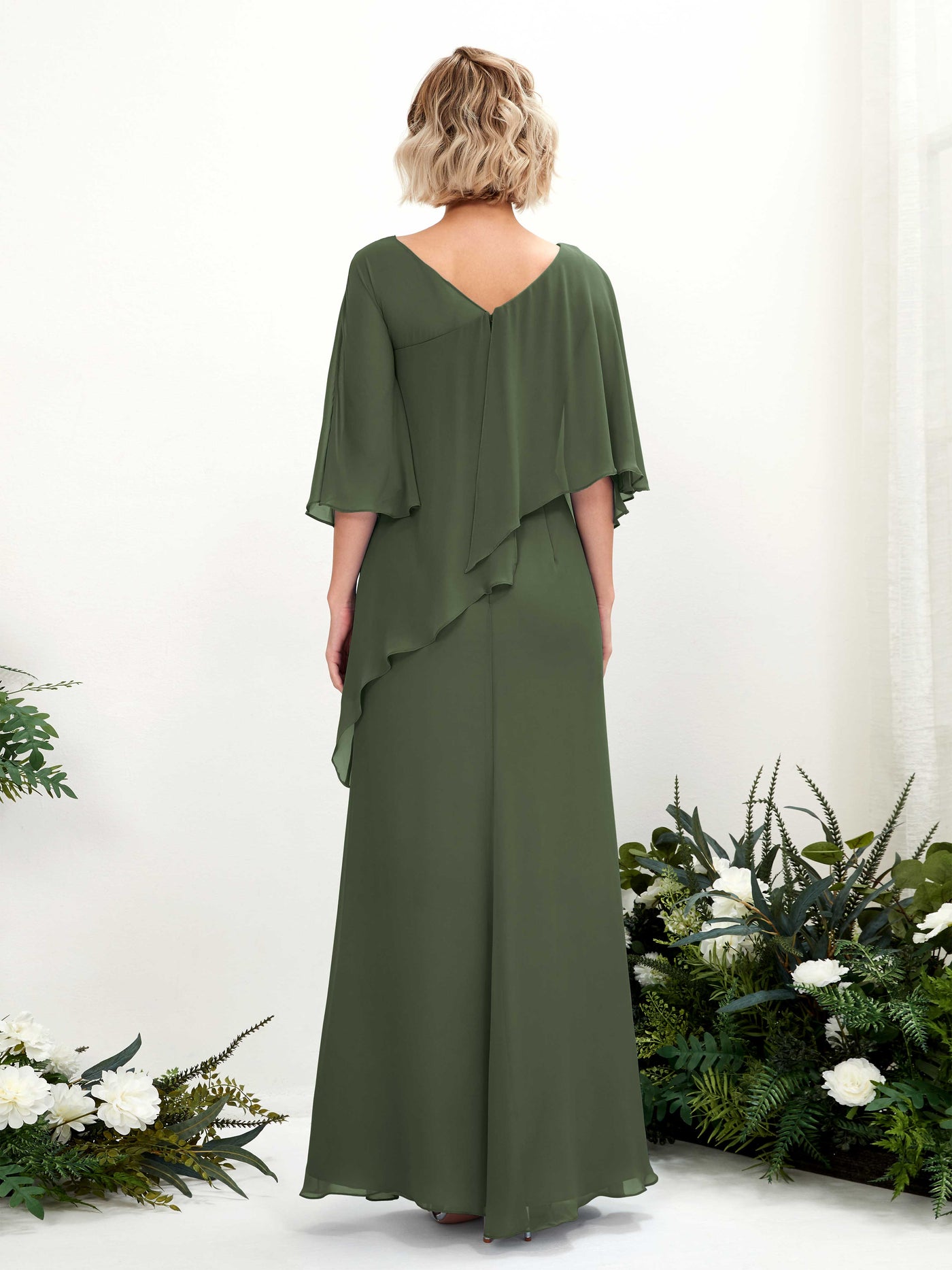 V-neck 3/4 Sleeves Chiffon Bridesmaid Dress - Martini Olive (81222507)#color_martini-olive