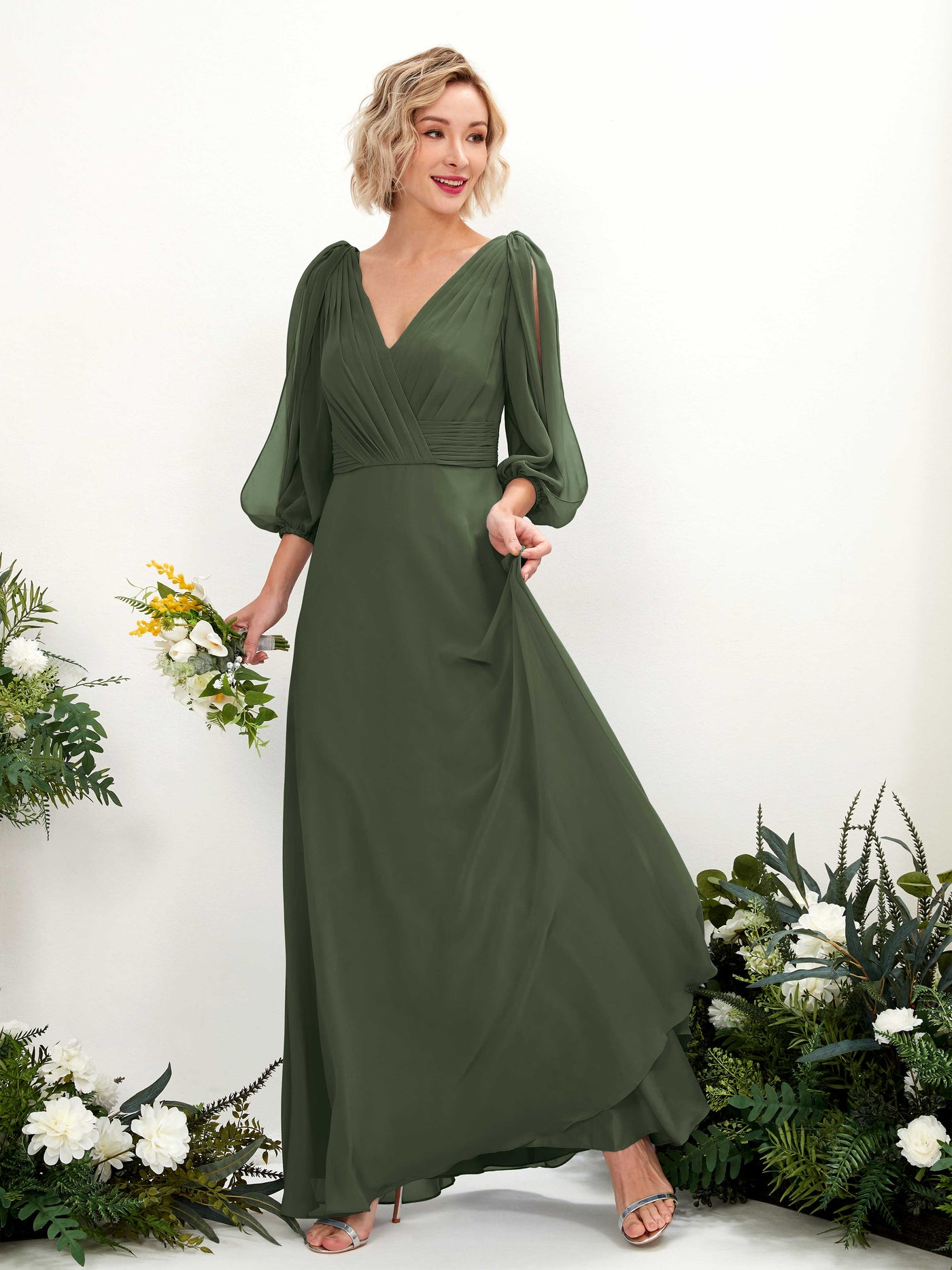 V-neck 3/4 Sleeves Chiffon Bridesmaid Dress - Martini Olive (81223507)#color_martini-olive