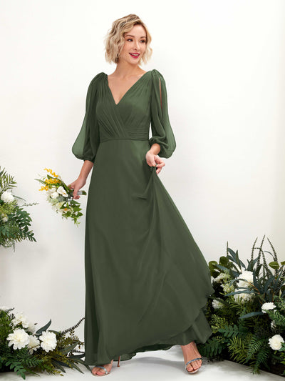 Carlyna Antonia A-Line Martini Olive Bridesmaid Dress Maxi Three Quarter Sleeve V-Neck Dress Front View #color_martini-olive