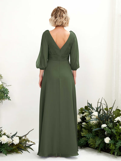 Carlyna Antonia A-Line Martini Olive Bridesmaid Dress Maxi Three Quarter Sleeve V-Neck Dress Back View #color_martini-olive
