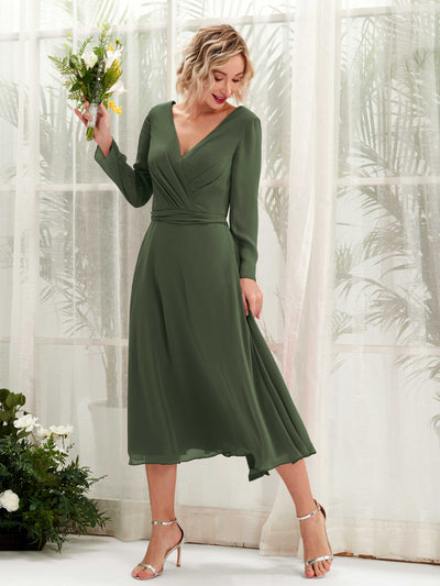 Carlyna Joanna A-Line Martini Olive Bridesmaid Dress Midi Long Sleeve V-Neck  #color_martini-olive