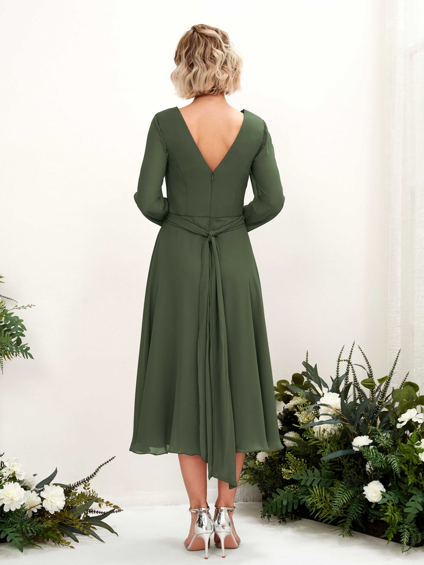 V-neck Long Sleeves Chiffon Bridesmaid Dress - Martini Olive (81223307)#color_martini-olive